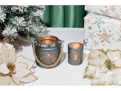 Svietnik MagicHome Vianoce, šedý, s krajinkou, s lankom, 10x10 cm