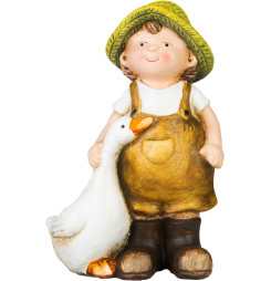 Dekorácia MagicHome, Chlapček s húskou v hnedom oblečení, keramika, 6,5x12,5x19 cm