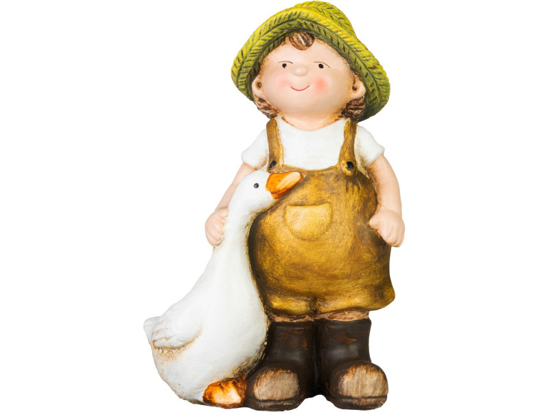 Dekorácia MagicHome, Chlapček s húskou v hnedom oblečení, keramika, 6,5x12,5x19 cm