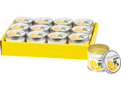 Sviečka Citronella, repelentná, plechová dóza, 50 g, 55x55 mm, Sellbox 12 ks Sviečka Citronella, repelentná, plechová dóza, 50 g, 55x55 mm, Sellbox 12 ks