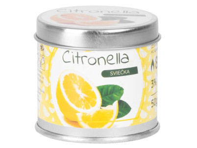 Sviečka Citronella, repelentná, plechová dóza, 50 g, 55x55 mm, Sellbox 12 ks Sviečka Citronella, repelentná, plechová dóza, 50 g, 55x55 mm, Sellbox 12 ks