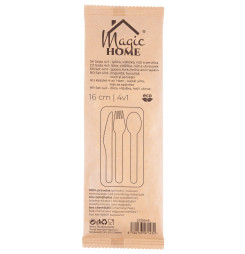 Príbor MagicHome Woodline ECO, drevený nôž, vidlička, lyžica, servítka, 100% Natural