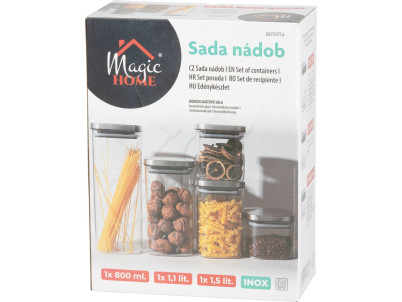 Nádoba MagicHome, sada 3 ks, 800/1100/1500 ml, sklenená, s nerezovým uzáverom
