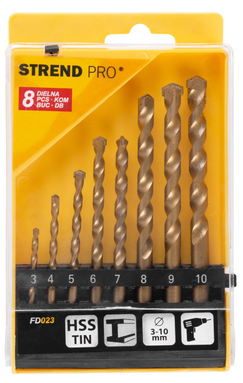 Sada vrtákov Strend Pro FD023, 8 dielna, 3-10 mm, TiN, do muriva