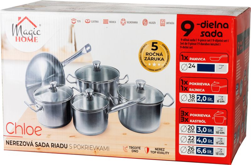 Sada riadu MagicHome Chloe, panvica 24 cm, 3x kastról (3l, 4l a 6,6 l), rajnica 2l, so sklenenými pokrievkami, nerez, 9 dielna