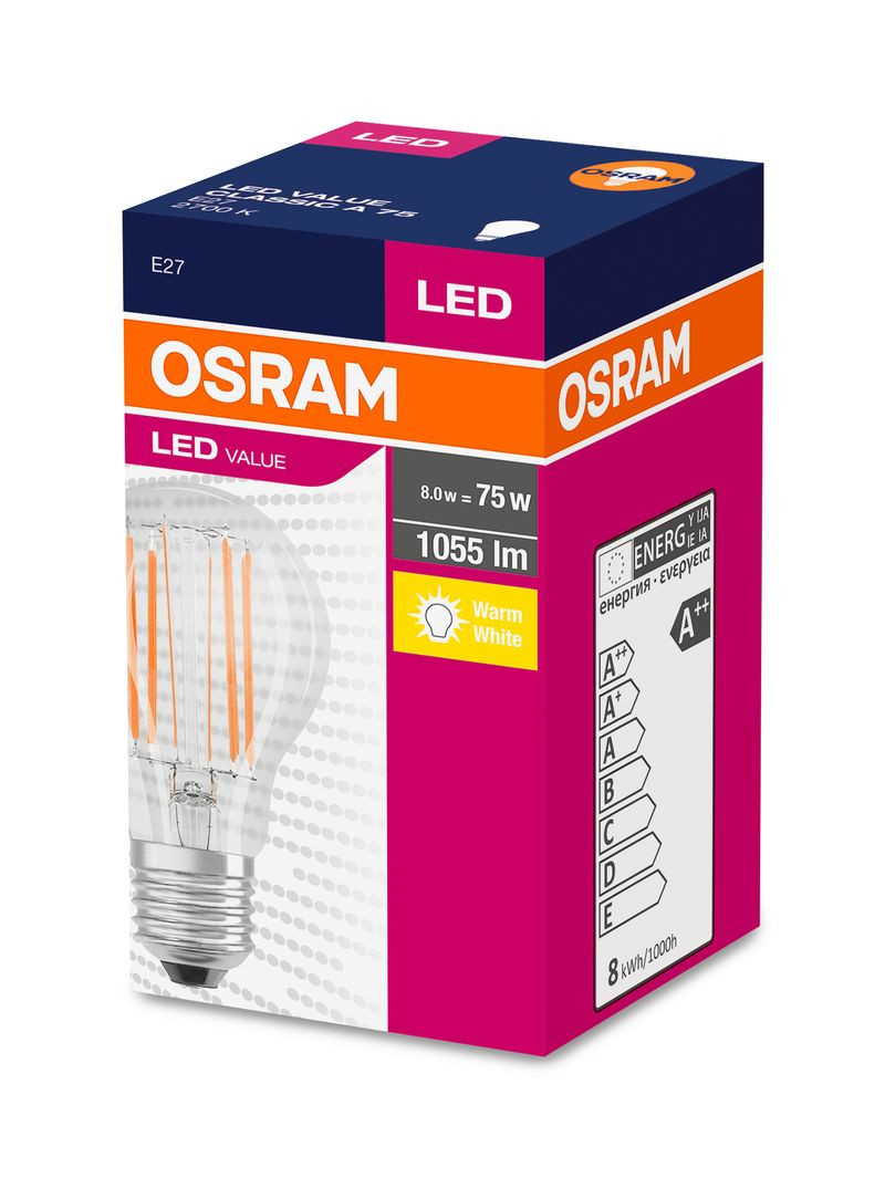 Žiarovka OSRAM® LED FIL 075 (ean8669) non-dim, 7,5W/827 E27 2700K Value CLASSIC A