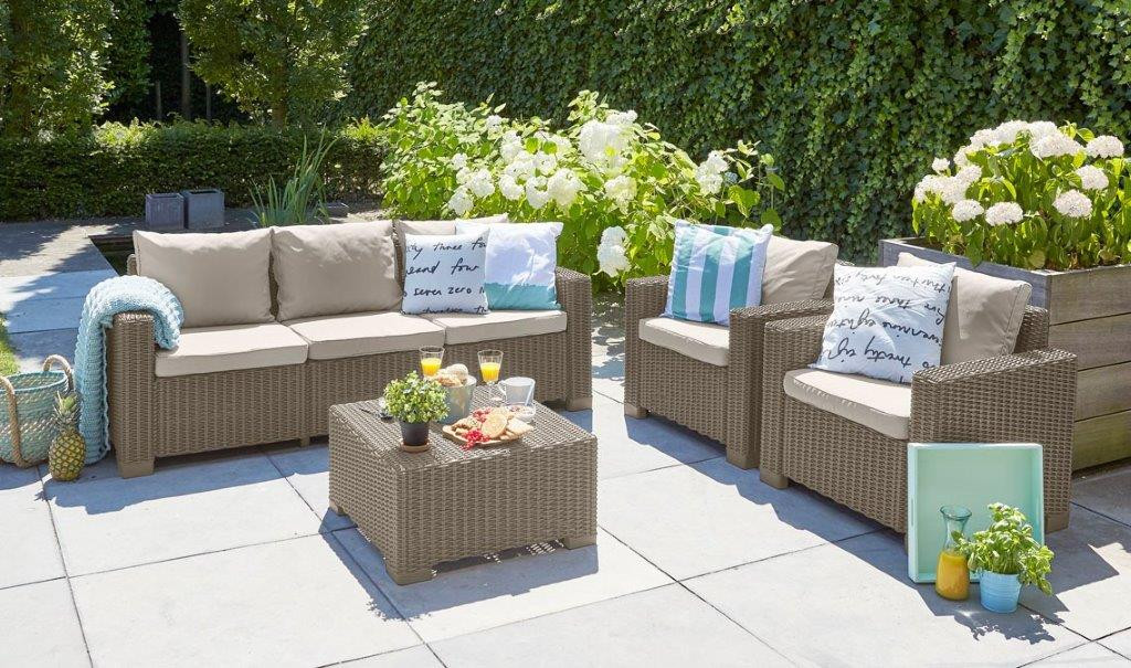 Záhradný set Keter California set stôl + 2 kreslá + trojsedadlová pohovka cappuccino