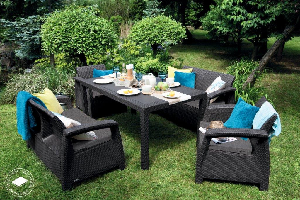 Záhradný nábytok Keter Corfu Fiesta set dve dvojsedačky + dve kreslá + stôl grafitový